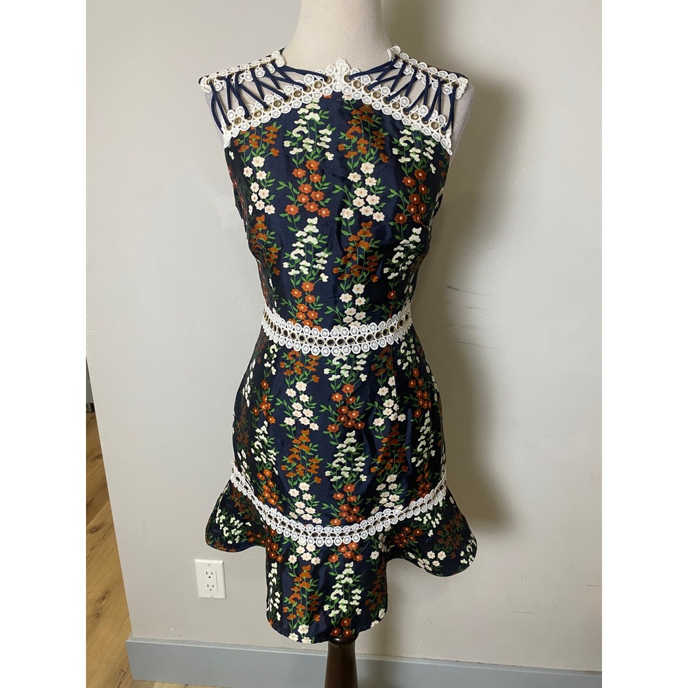 Keepsake Navy Floral Lace Grommet Mini Dress Boho Coquette Cottagecore bodycon